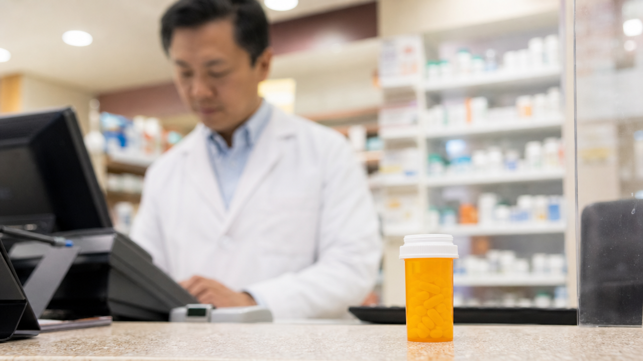 A pill bottle on a pharmacy counter with a pharmacist in the background