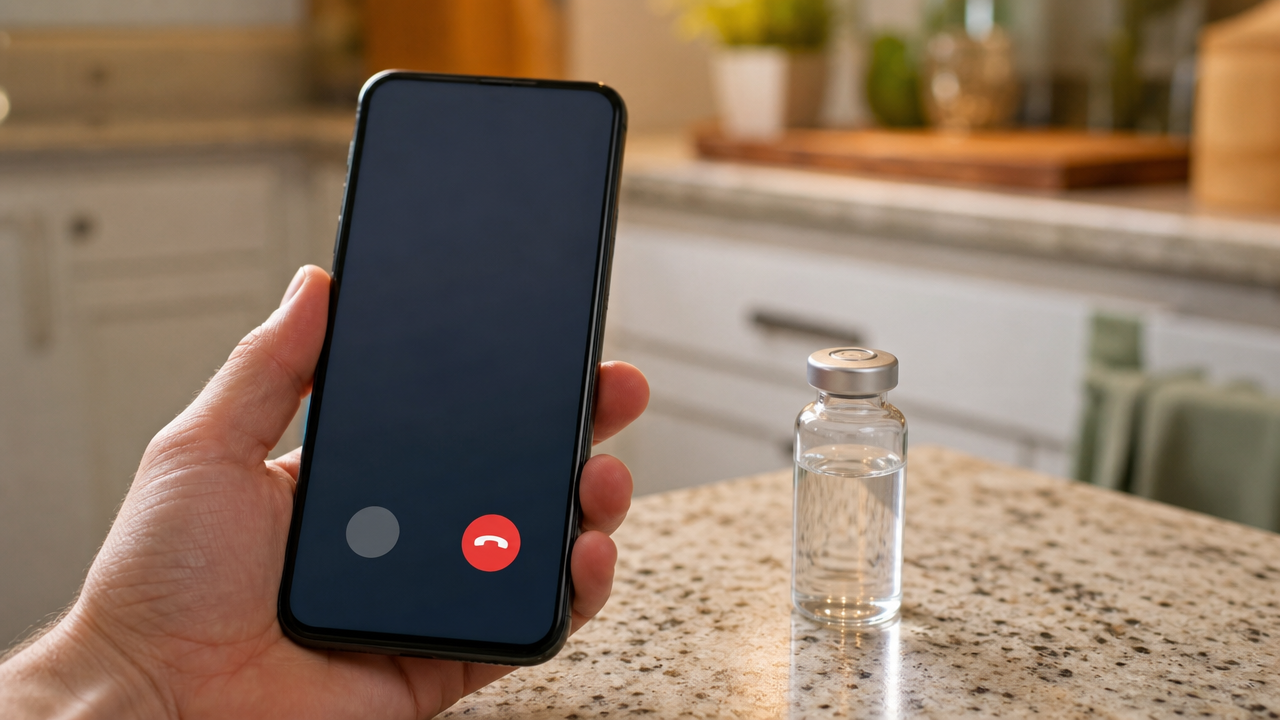 Hand holding a phone next to an unlabeled medical vial on a kitchen counter