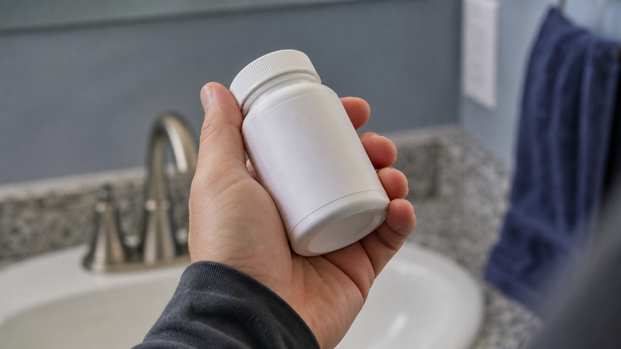 A hand holding and checking the label of a prescription pill bottle for levothyroxine recall information