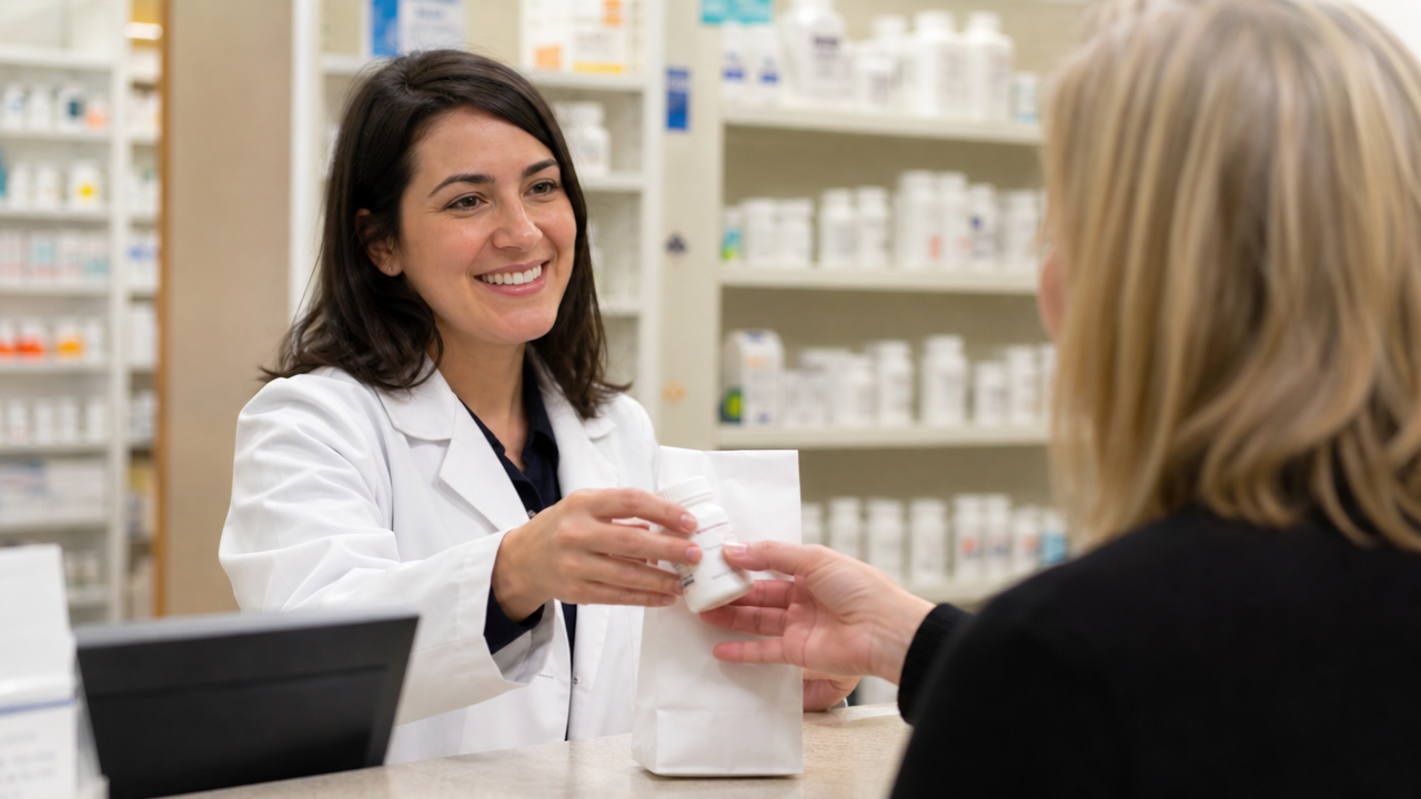 A pharmacist handing a prescription bag and pill bottle to a customer at a pharmacy counter, related to the levothyroxine recall