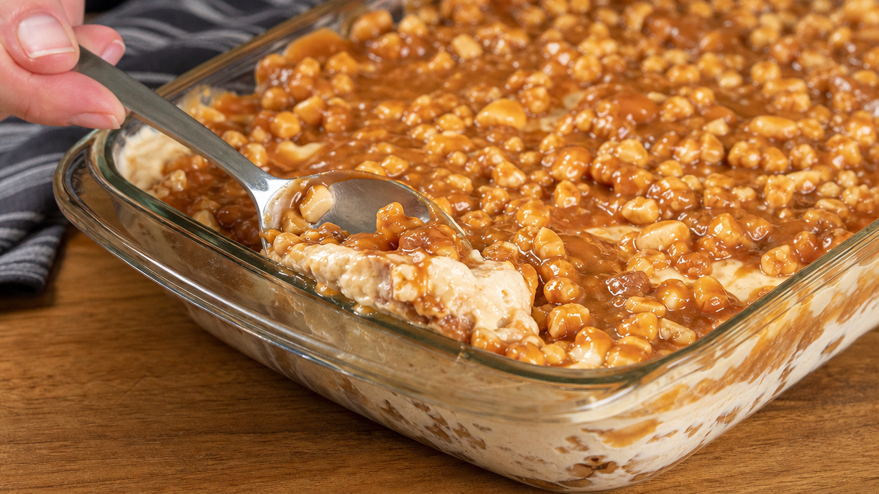 Close-up of caramel cluster frozen dessert with cashew inclusions