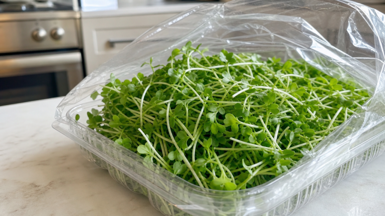 Fresh broccoli sprouts in a clear bag on a kitchen counter, representing the Evergreen Fresh Sprouts Salmonella recall