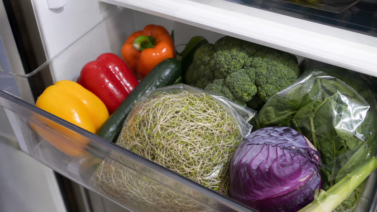 Checking the refrigerator produce drawer for a recalled bag of sprouts