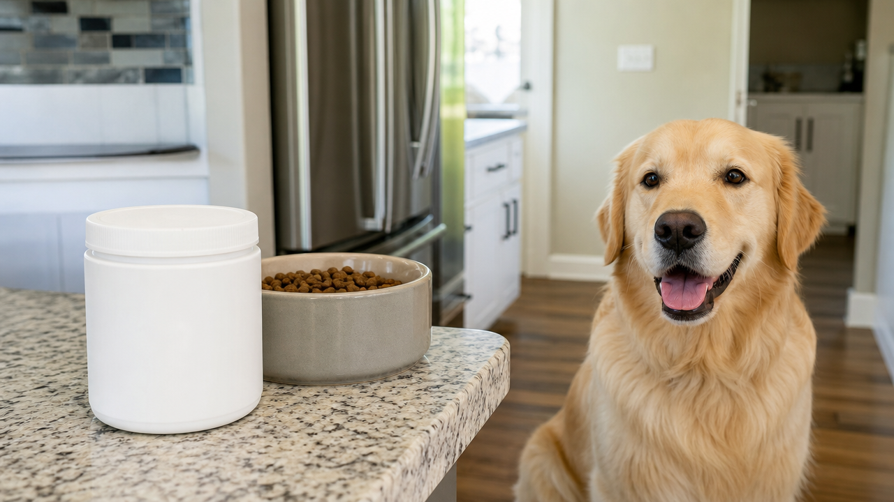 Container of dog supplement powder on a kitchen counter next to a dog food bowl with a dog nearby, representing the Fi dog supplement Salmonella recall