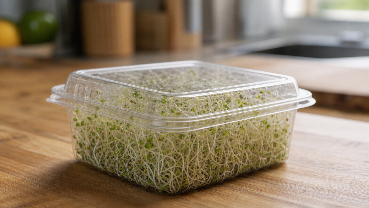 Container of fresh alfalfa sprouts on a kitchen counter, similar to the products recalled in the Everything Sprouts E. coli and Salmonella outbreak