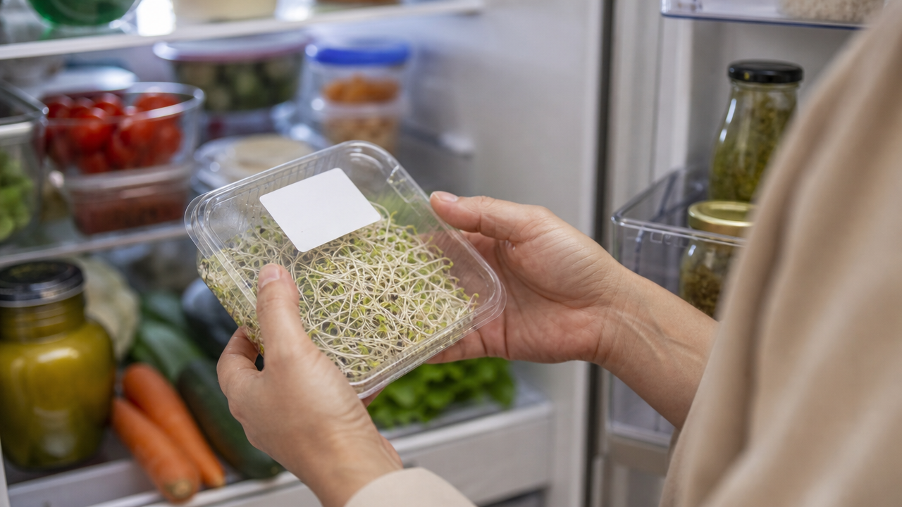 Person checking the lot number and use-by date on a sprout container in front of an open refrigerator