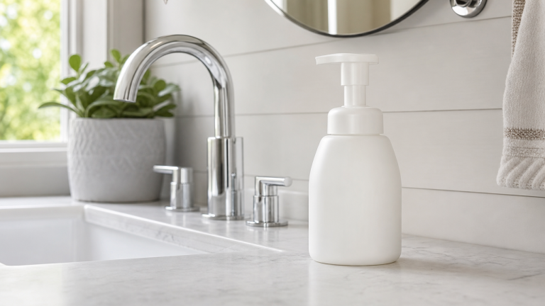 Generic foaming hand soap bottle on a bathroom sink, representing the type of product recalled for bacterial contamination