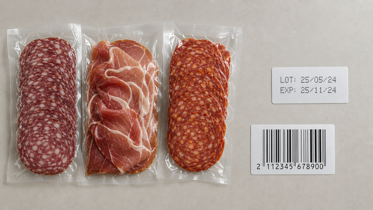 Vacuum sealed cured meat packages next to a printed lot code tag