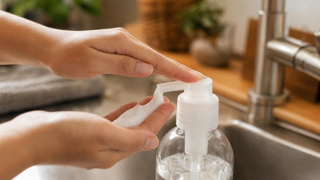 Foaming hand soap pump dispenser on a kitchen sink