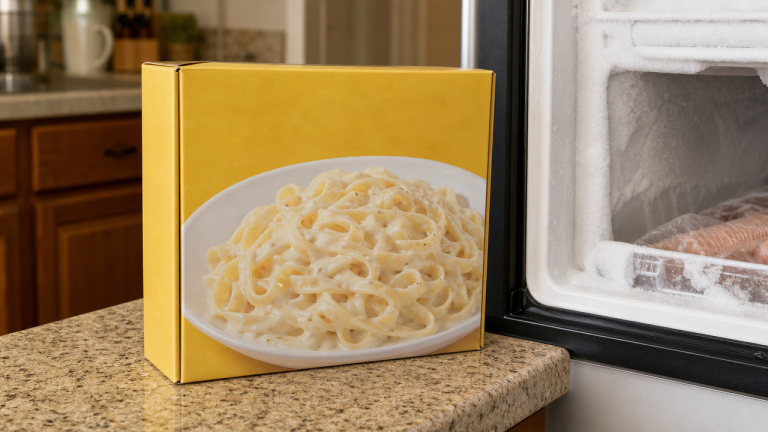 Frozen alfredo pasta box on a kitchen counter next to an open freezer, representing a Listeria recall check