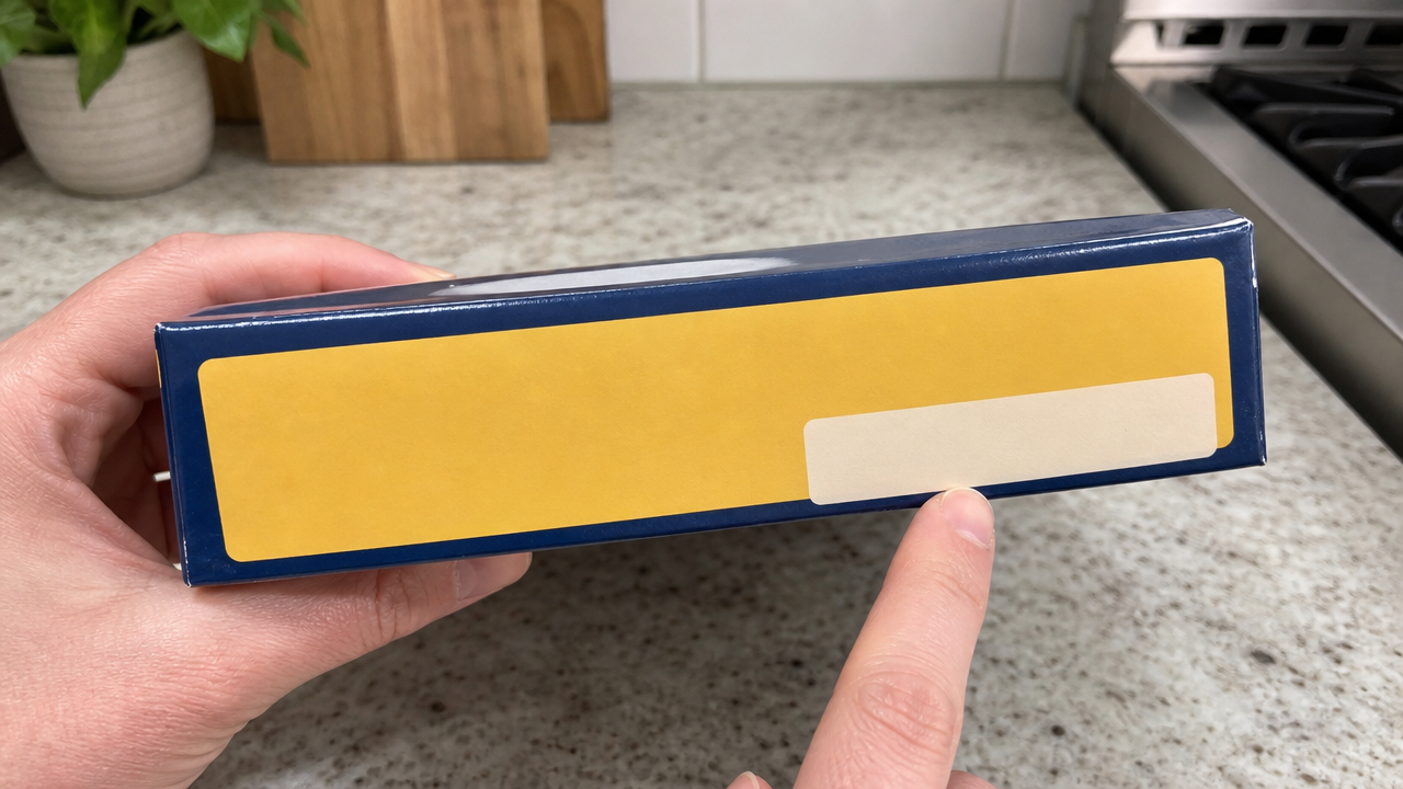 Checking the lot code on a frozen Alfredo pasta package for a recall