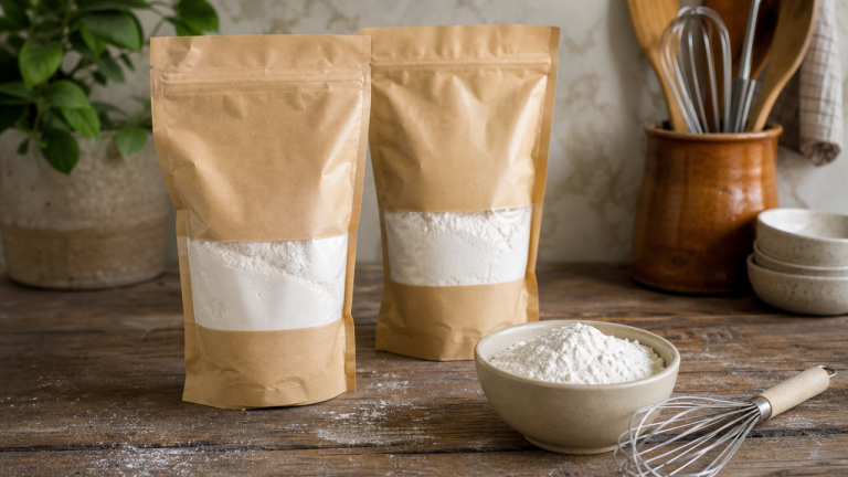 Bags of gluten-free flour and bread mix on a kitchen counter, representing the GF Blends wheat gluten recall