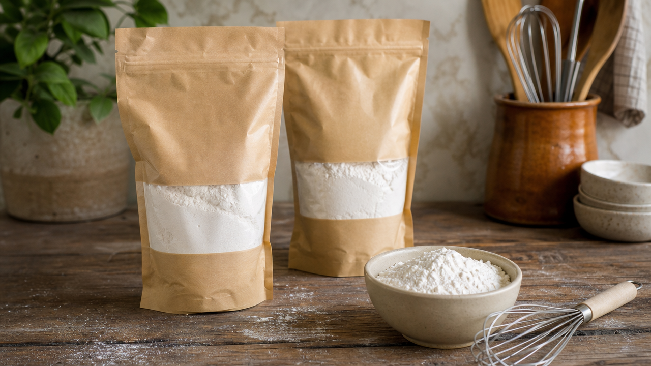 Bags of gluten-free flour and bread mix on a kitchen counter, representing the GF Blends wheat gluten recall