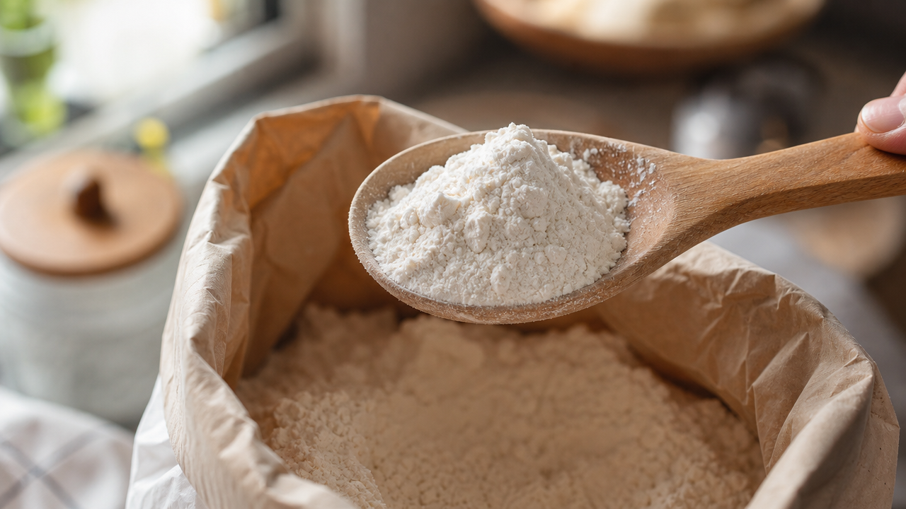 Scooping gluten-free flour at home while checking for a recall lot number