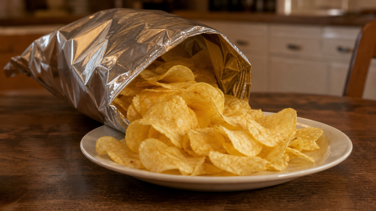 Bowl of potato chips on a kitchen table, representing the J. HIGGS undeclared soy allergen recall