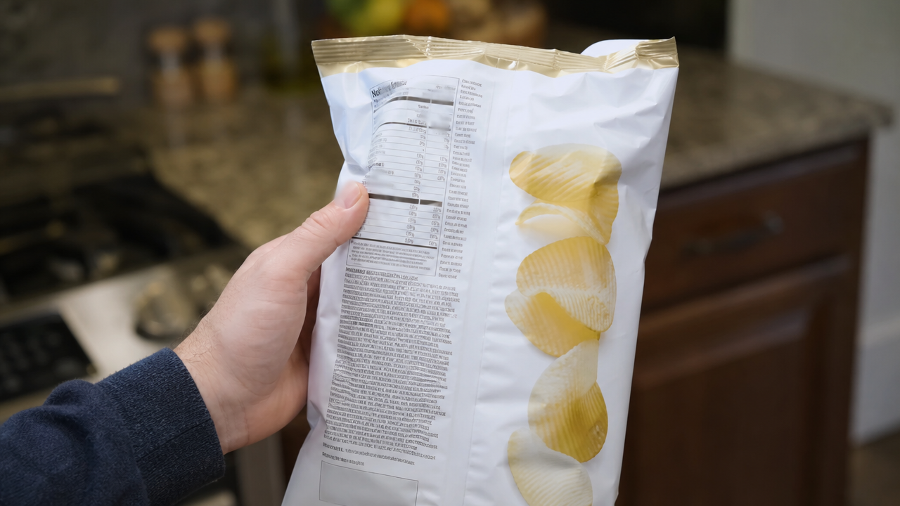 Checking a potato chip bag ingredient label for a soy allergen recall