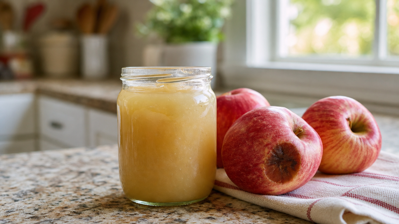 Jar of organic apple sauce on a kitchen counter next to bruised apples, representing the Wholesome Pantry apple sauce patulin recall