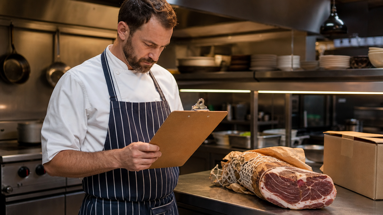 A chef checking a delivery invoice next to a cured meat product