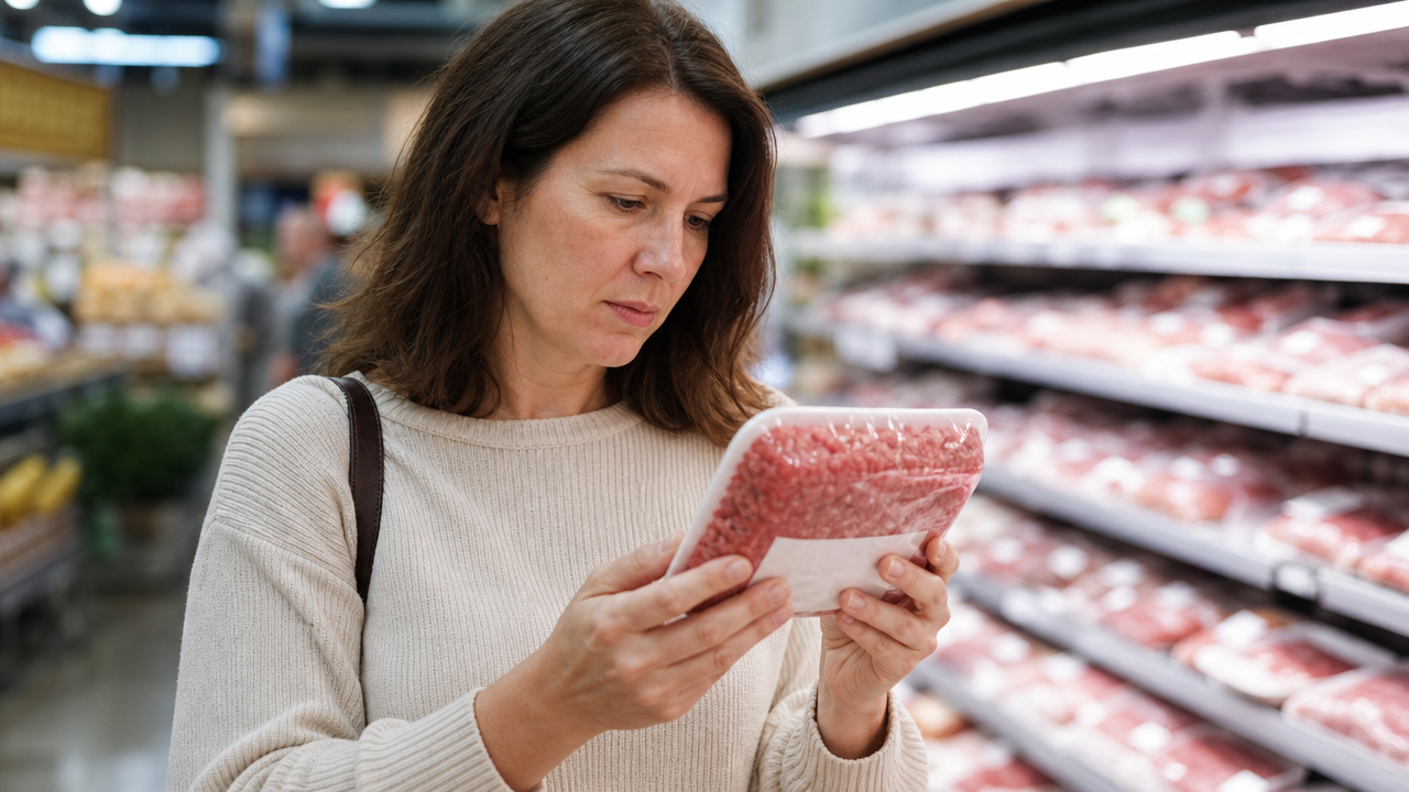 Woman reading the label on a package of ground beef in a grocery store meat aisle