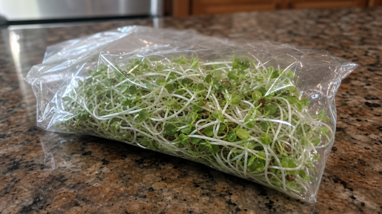 Fresh broccoli sprouts in a small clear bag on a kitchen counter