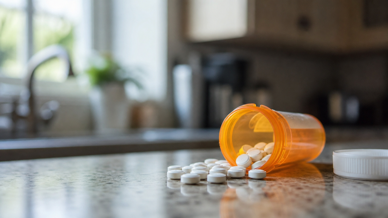 Prescription pill bottle with white tablets spilled on a kitchen counter, representing a thyroid medication recall