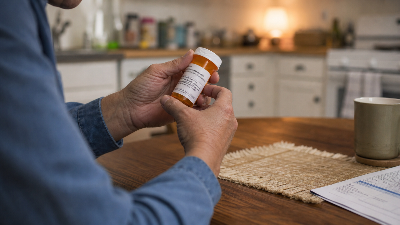 Person checking the lot number on a prescription bottle label at home