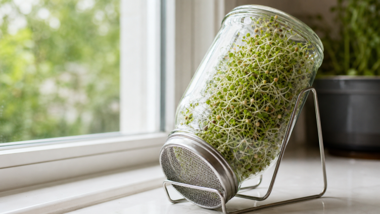 Fresh alfalfa sprouts growing in a glass mason jar sprouting kit on a kitchen windowsill