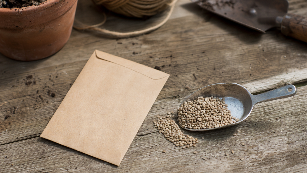 A packet of sprouting seeds and a scoop of seeds on a wooden potting bench