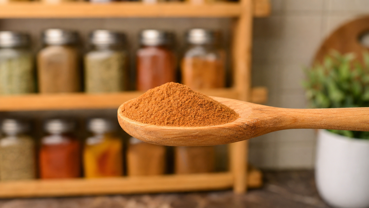 A wooden spoon full of ground cinnamon held above a kitchen counter near a spice rack