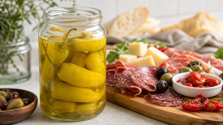 A glass jar of pickled golden peperoncini peppers on a kitchen counter next to an antipasto spread