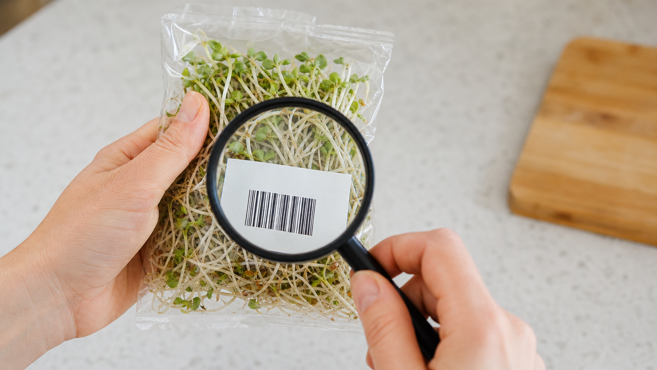 A hand checking the barcode on a bag of fresh sprouts with a magnifying glass