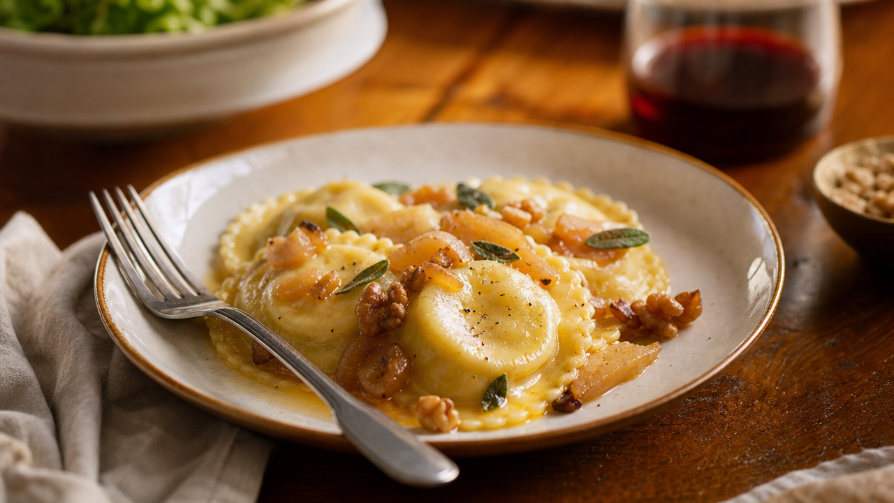 A plate of cooked pear and cheese filled ravioli on a dinner table