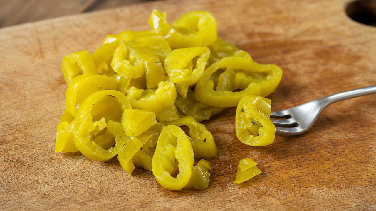 Sliced golden peperoncini peppers on a wooden cutting board