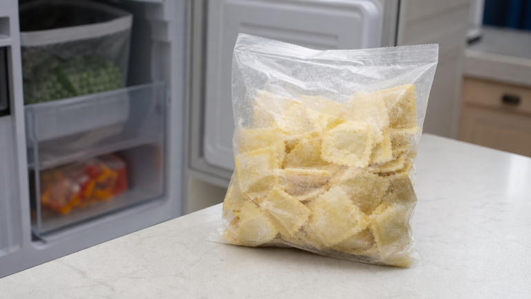 A bag of frozen ravioli pasta on a kitchen counter next to an open freezer