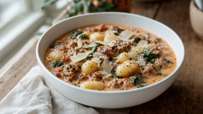 Creamy Italian sausage and gnocchi soup in a bowl topped with parmesan