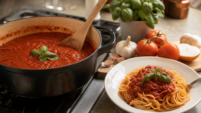 Homemade spaghetti sauce simmering in a pot next to a plate of spaghetti with basil