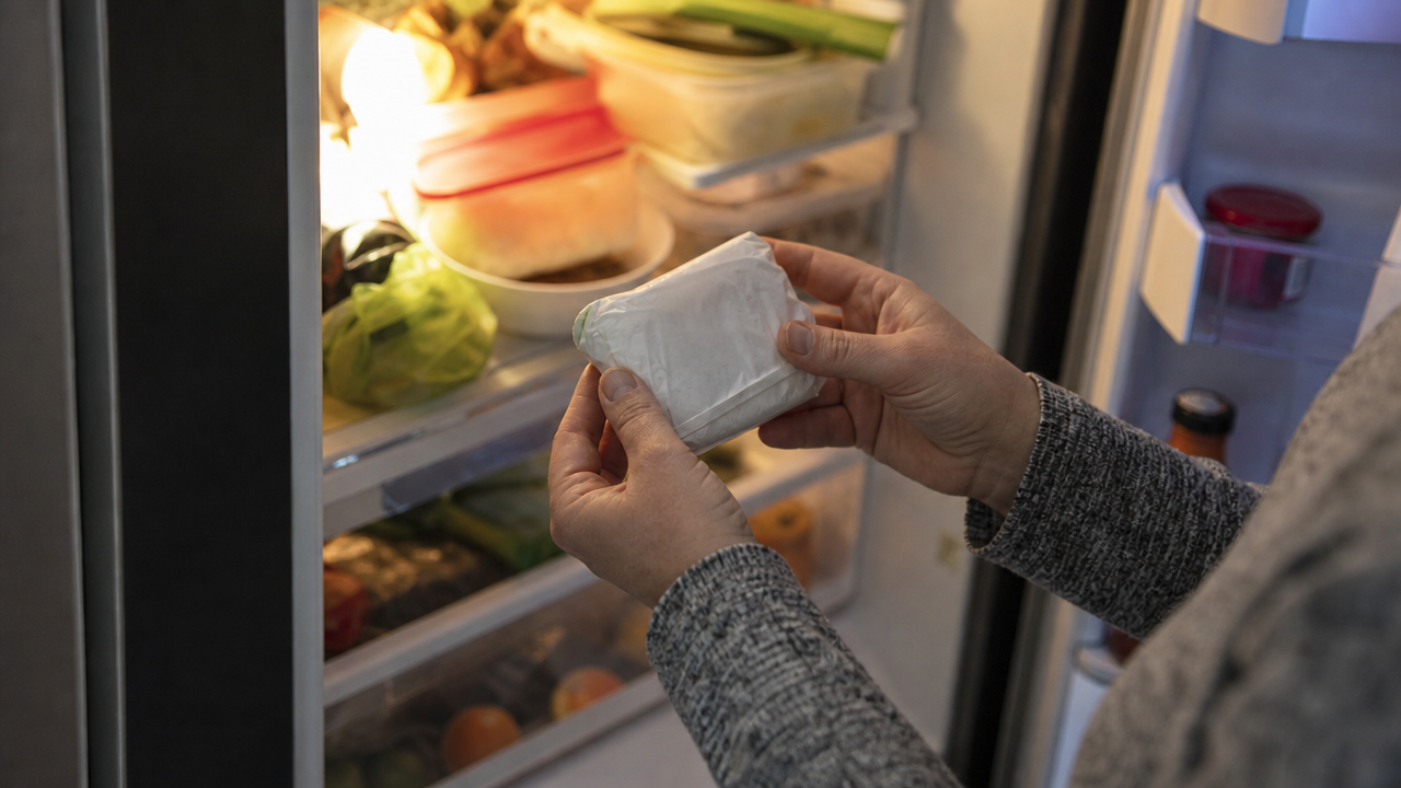 A person checking a cheese package in their refrigerator after hearing about the raw milk cheese recall