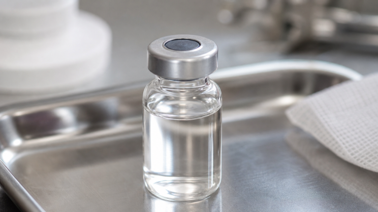 Clear glass IV vial of injectable wellness solution on a stainless steel medical tray