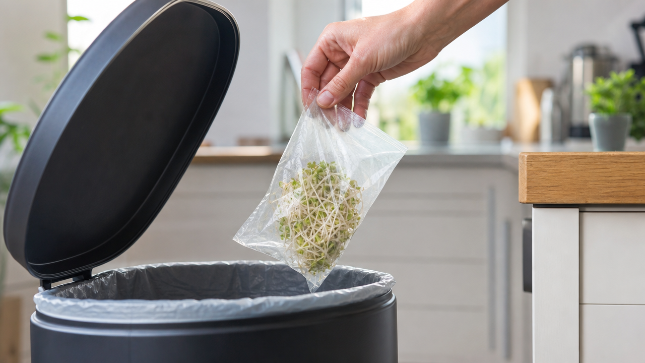 A hand dropping a bag of sprouts into a kitchen trash can