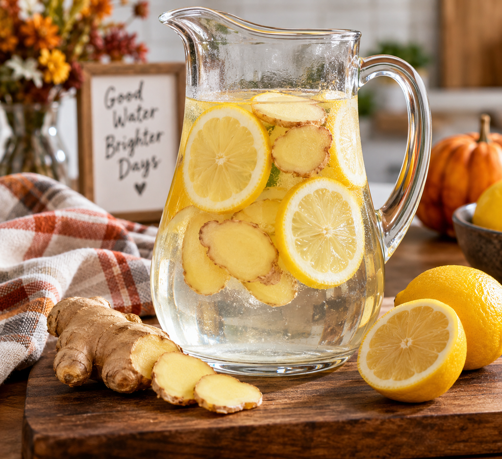 Fresh ginger slices and lemon rounds in a glass of infused water