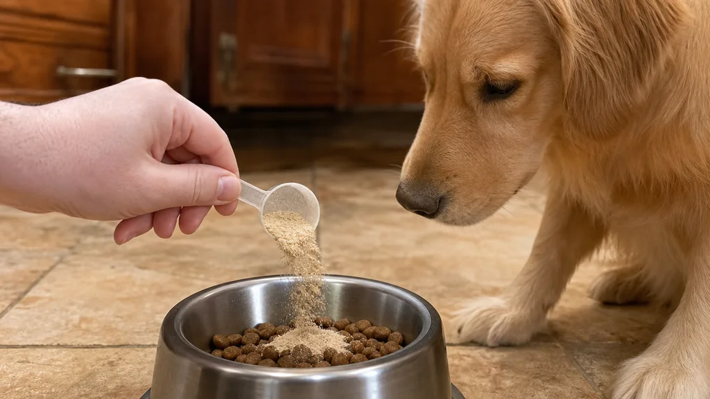 Pouring dog supplement powder to check the recalled lot number