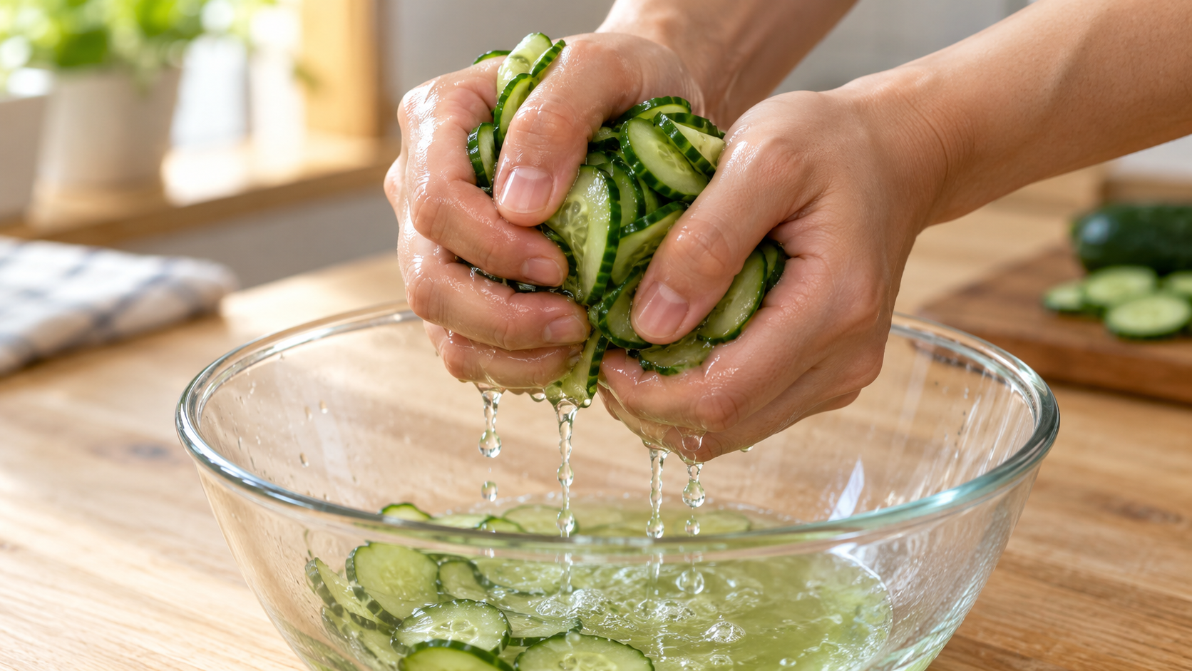Hands squeezing water out of salted cucumber slices for spicy cucumber salad