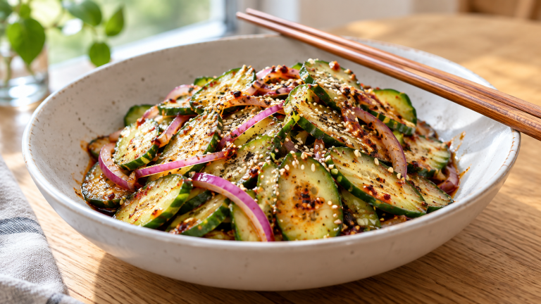 Spicy cucumber salad with red onion, chili oil, and sesame seeds in a white bowl