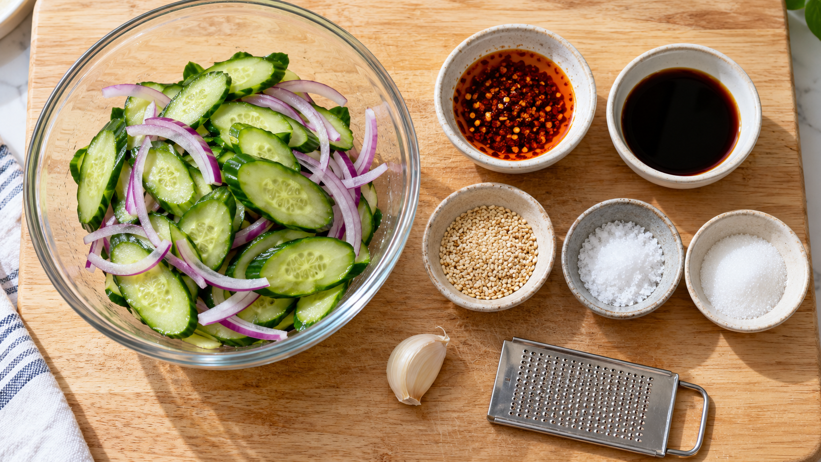 Spicy cucumber salad ingredients with sliced cucumber, red onion, garlic, soy sauce, and chili oil