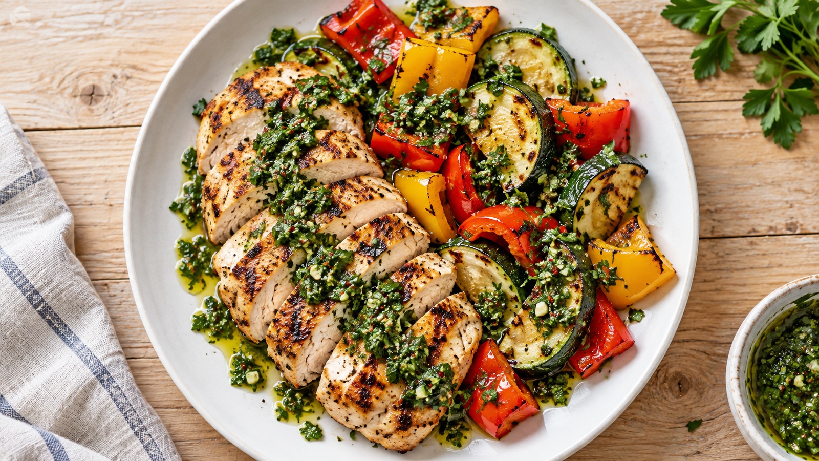 Grilled chicken and roasted vegetables drizzled with chimichurri