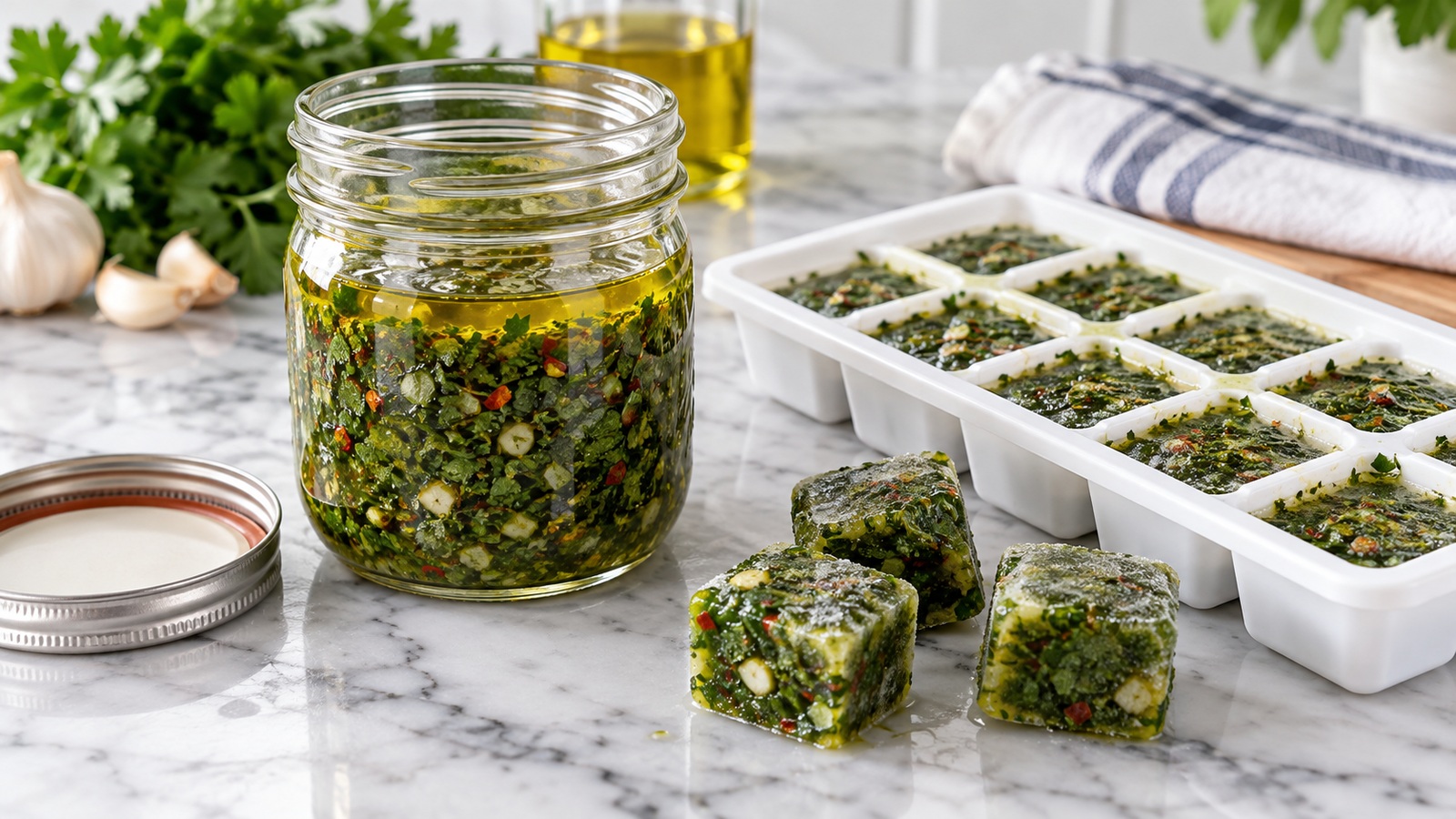 Chimichurri stored in a glass jar and frozen in an ice cube tray
