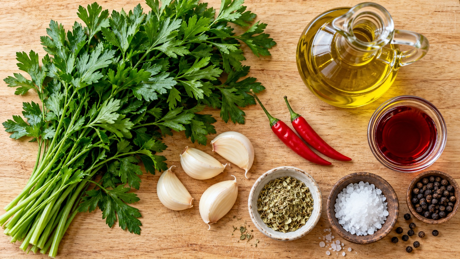 Chimichurri ingredients including fresh parsley, garlic, red chili, olive oil, red wine vinegar, and oregano
