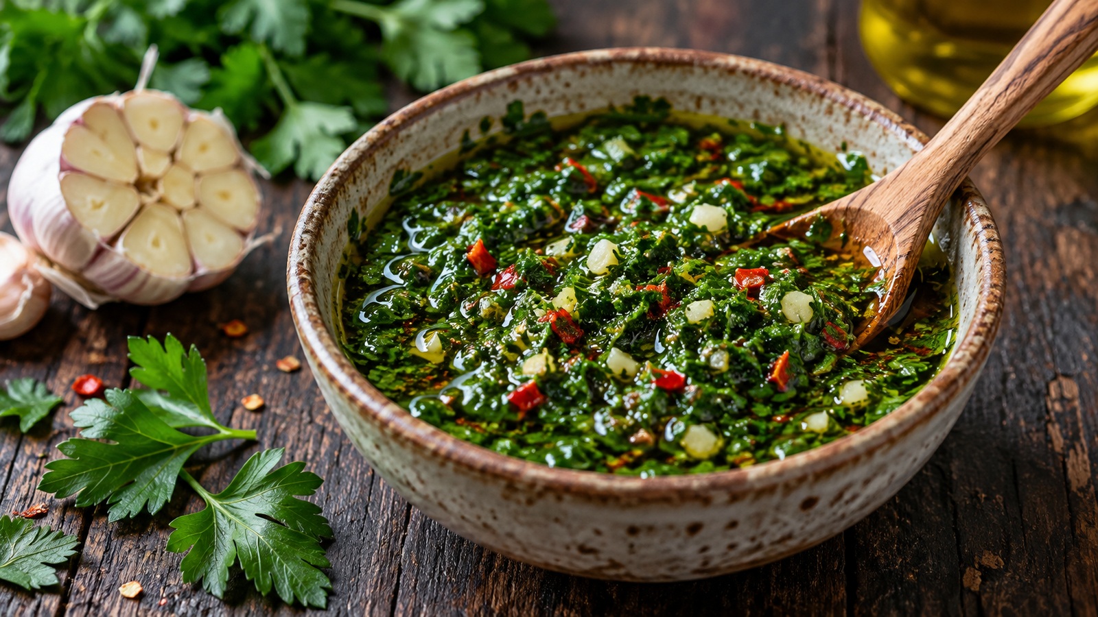 Homemade chimichurri sauce with parsley, garlic, and red chili in a bowl