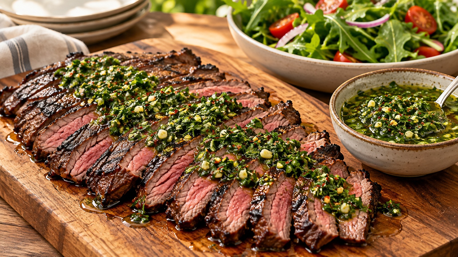 Grilled sliced steak topped with chimichurri sauce