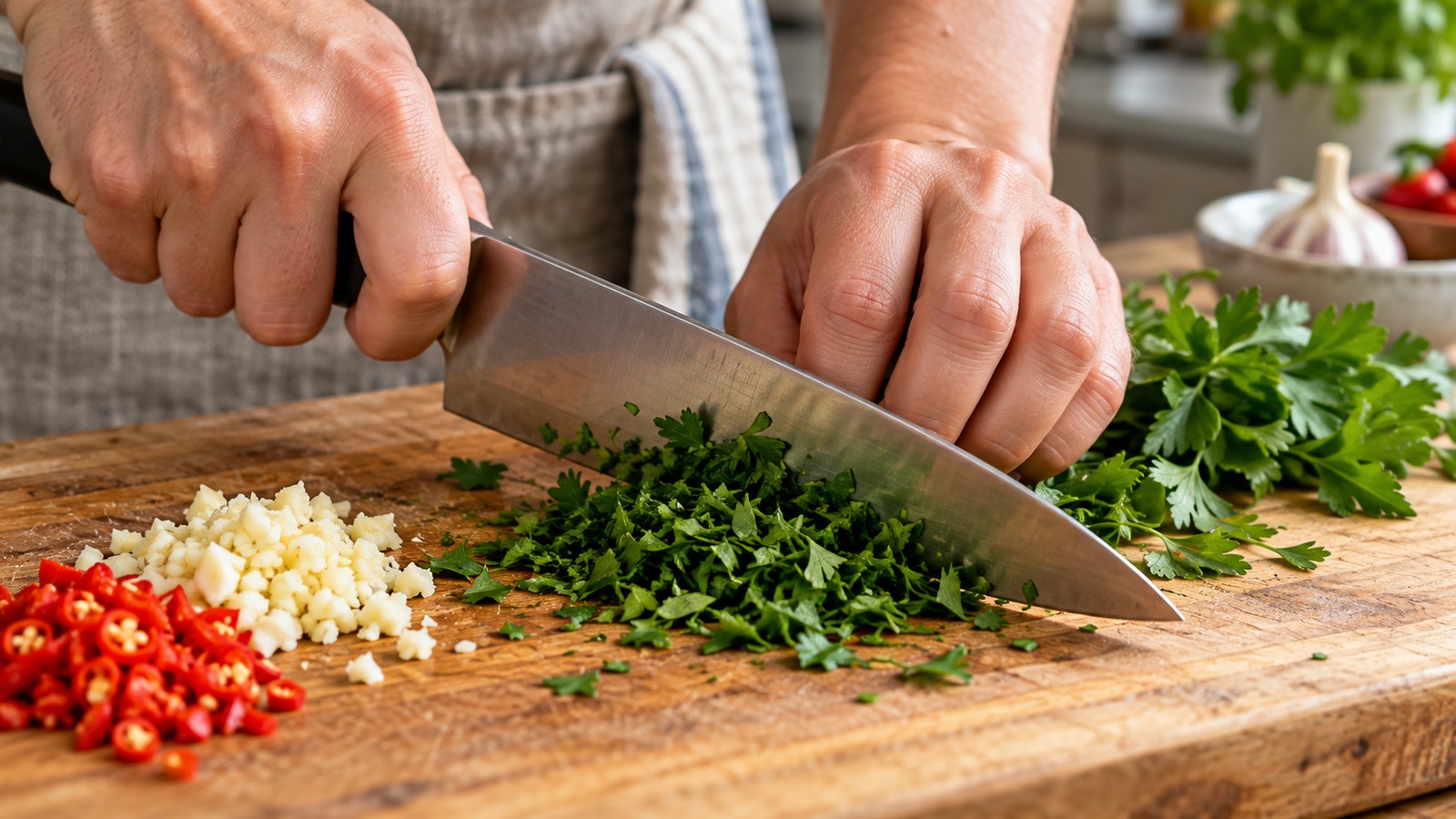 Finely chopping fresh parsley, garlic, and red chili for chimichurri by hand